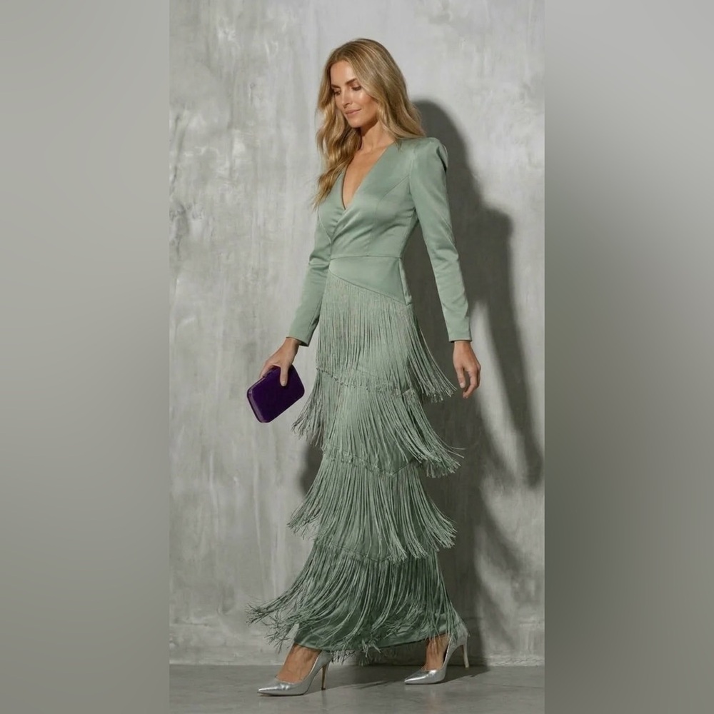 Chic Long Sleeve Fringe Dress in Teal - Picture 3 of 8